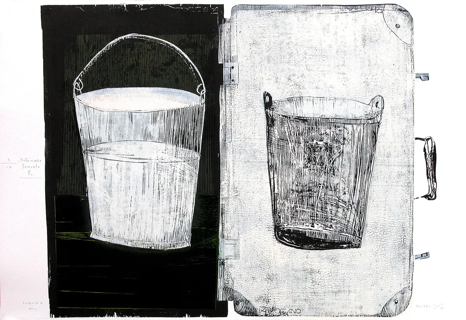 Zdzisław Wiatr, Białe wiadra Samuela Fiszmana, drzeworyt barwny, 2002