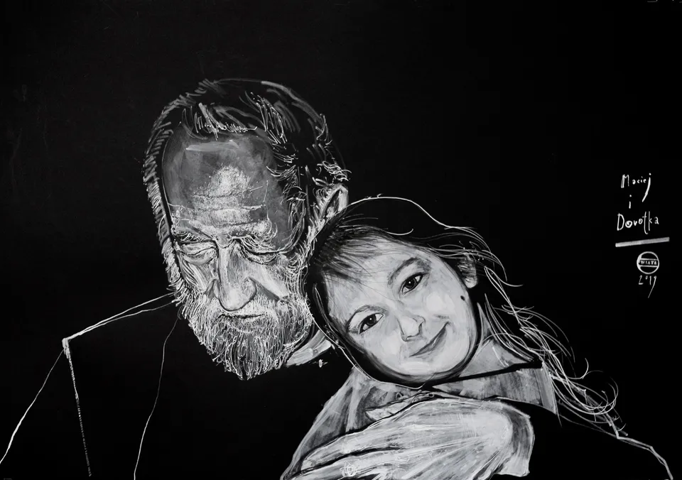 Zdzisław Wiatr, Maciej i Dorotka, rysunek, biały marker, biały tusz, 2019