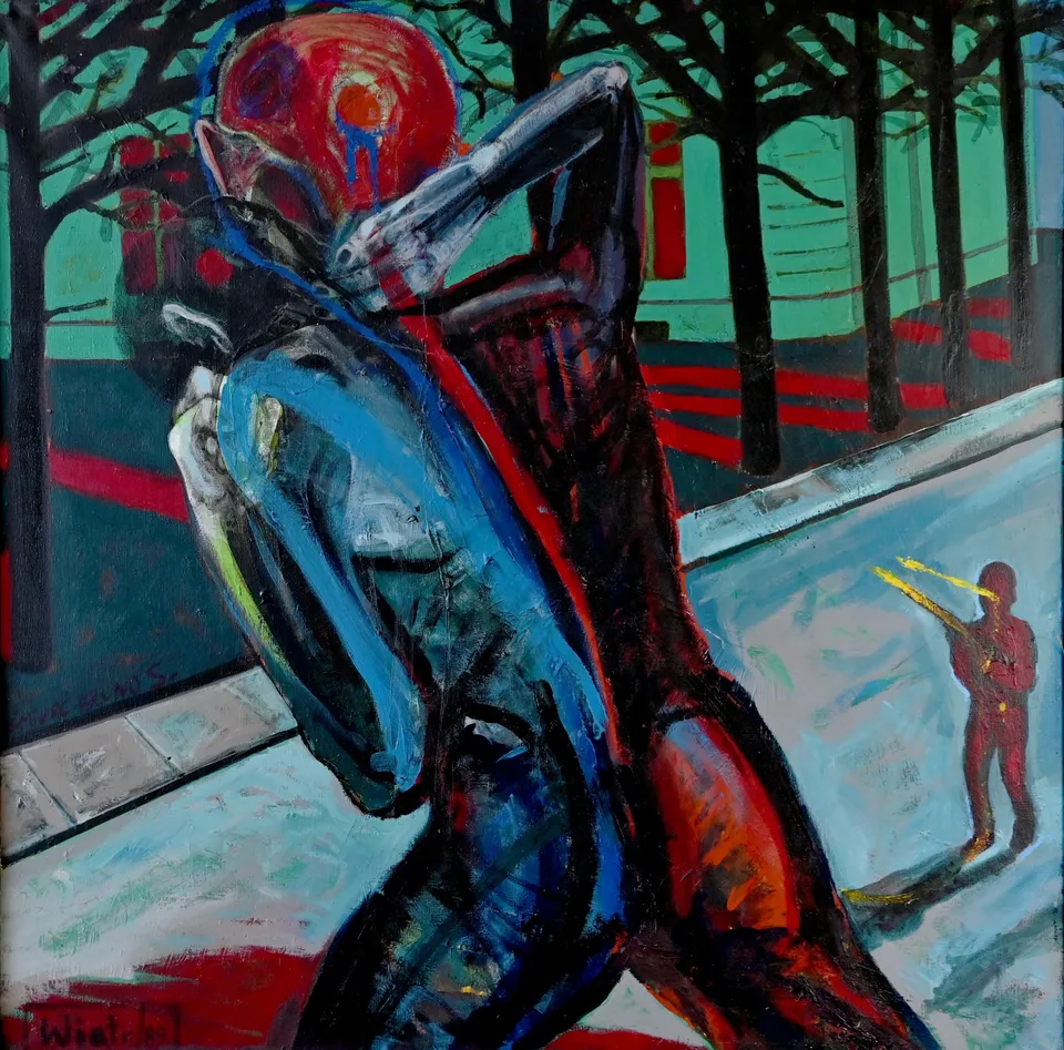 Zdzisław Wiatr, Śmierć Bruno Szulca, akryl na płótnie, 1989