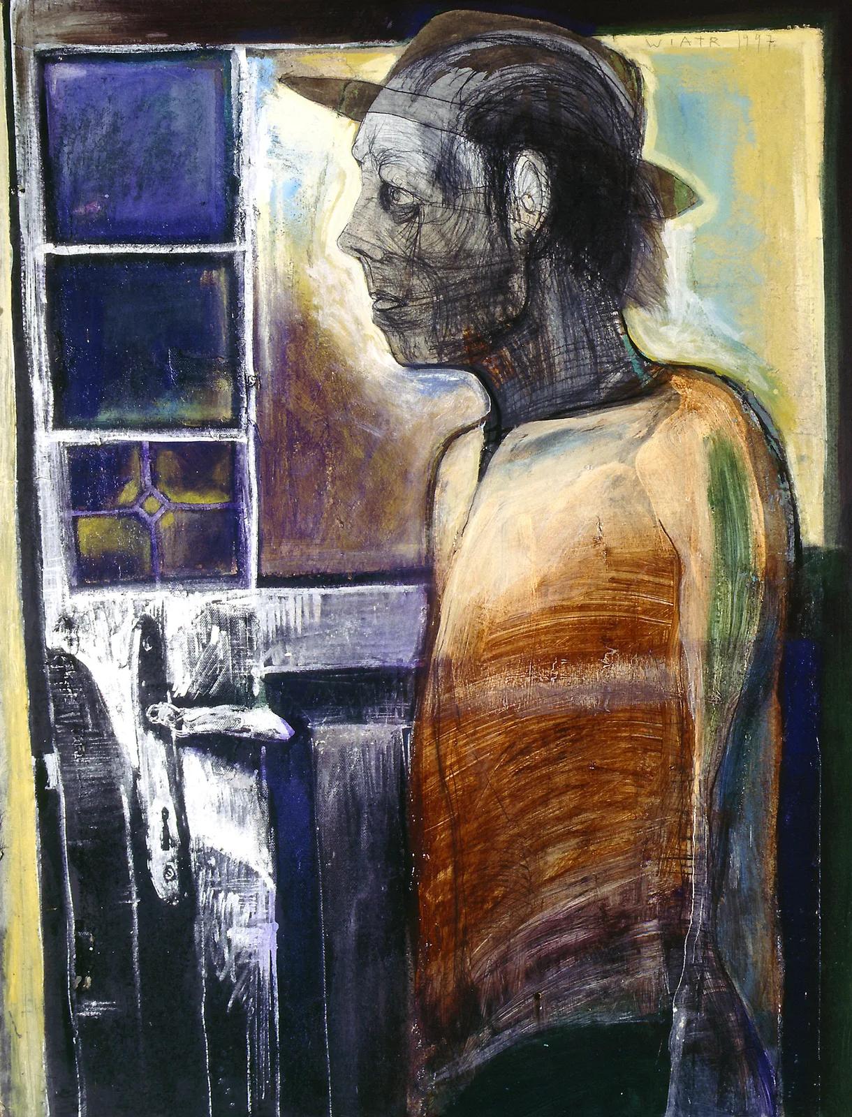 Zdzisław Wiatr, W kapeluszu, akryl na tekturze, 1997