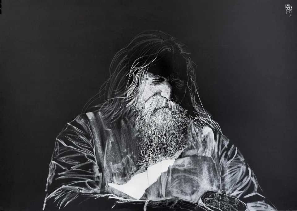 Zdzisław Wiatr, Zbigniew Bajek, rysunek, białe markery, biały tusz i piórko, 2019